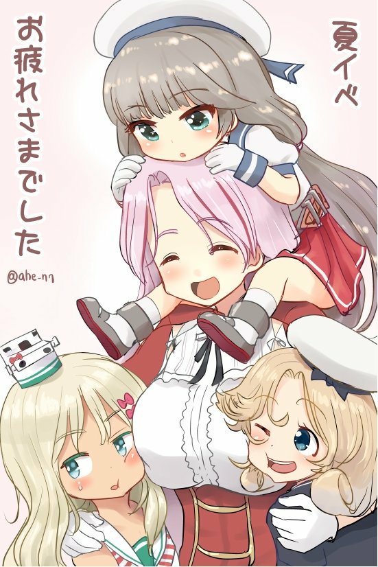 4girls :o ahenn bangs beret blonde_hair blush breasts closed_eyes commentary_request dress eyebrows_visible_through_hair gloves grecale_(kantai_collection) hat janus_(kantai_collection) kantai_collection light_brown_hair long_hair low_twintails luigi_di_savoia_duca_degli_abruzzi_(kantai_collection) mikura_(kantai_collection) mini_hat multiple_girls one_eye_closed open_mouth pink_background pink_hair red_skirt sailor_collar sailor_dress sailor_hat school_uniform serafuku short_hair simple_background skirt sweat tan translation_request twintails twitter_username white_gloves white_headwear