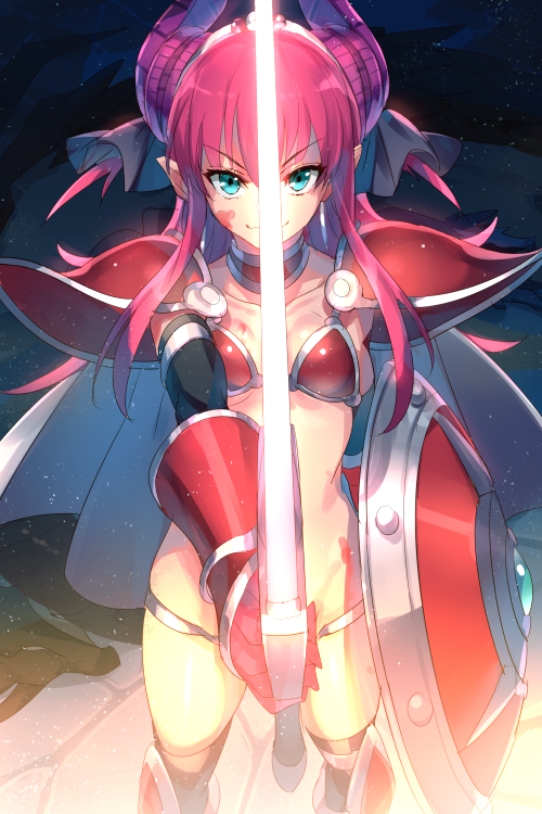 1girl armor bikini_armor blood blood_on_face blue_eyes breasts cape cis05 elizabeth_bathory_(brave)_(fate) elizabeth_bathory_(fate)_(all) fate/grand_order fate_(series) gauntlets horns pauldrons pink_hair shield small_breasts smile sword weapon