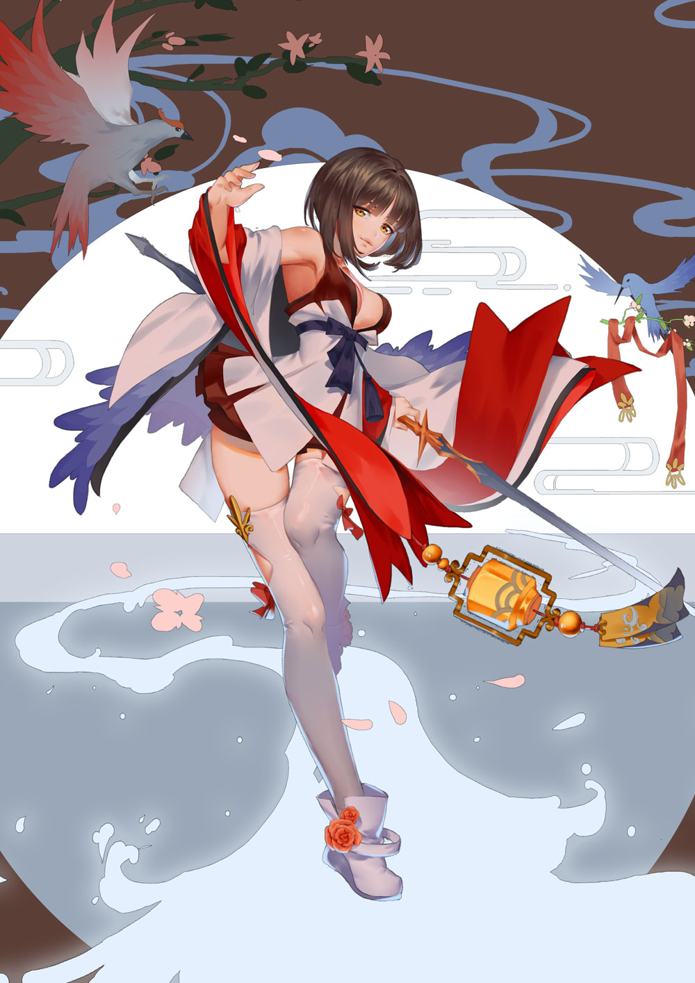 1girl bangs bare_shoulders bird breasts brown_hair commentary_request copyright_request cro_(artist) dress eyebrows_visible_through_hair flower highres holding holding_sword holding_weapon medium_breasts orange_flower shoes short_hair smile solo sword thigh-highs weapon white_dress white_footwear white_legwear