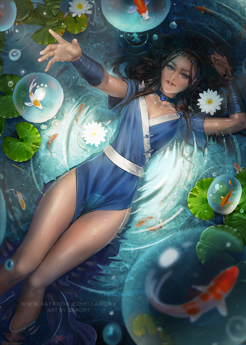 1girl artist_name avatar:_the_last_airbender avatar_(series) blue_eyes brown_hair bubble commentary dark_skin element_bending fish flower from_above hair_down hair_rings highres jewelry katara koi lily_pad lying necklace on_back open_hand outstretched_arm parted_lips partially_submerged patreon_username ripples smile solo water watermark web_address wet wet_hair zarory
