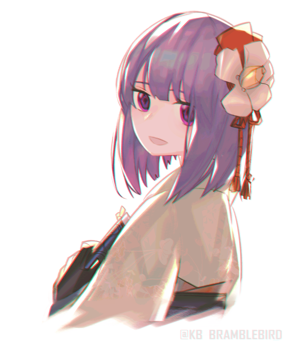 1girl :d chromatic_aberration cropped_torso floral_print flower from_behind hair_flower hair_ornament hieda_no_akyuu highres kky looking_at_viewer looking_back open_mouth purple_hair short_hair smile solo touhou twitter_username violet_eyes white_background