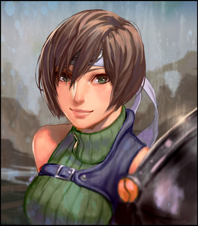 1girl armor bare_shoulders breasts brown_eyes brown_hair closed_mouth commentary final_fantasy final_fantasy_vii headband looking_at_viewer rejean_dubois short_hair shoulder_armor sleeveless sleeveless_turtleneck smile solo turtleneck yuffie_kisaragi