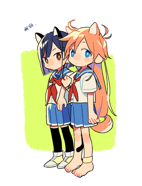 2girls ahoge animal_ears anklet arm_at_side bangs barefoot between_legs black_legwear blue_eyes blue_hair blue_sailor_collar blue_skirt brown_eyes cat_ears cat_girl cat_tail chibi clenched_hand closed_mouth dog_ears dog_girl dog_tail dot_nose dyx_(asdiandyx) expressionless flip_flappers from_side green_background jewelry kemonomimi_mode kokomine_cocona locked_arms long_hair looking_at_viewer multiple_girls neckerchief orange_hair papika_(flip_flappers) pleated_skirt red_neckwear sailor_collar school_uniform serafuku shirt shoes short_hair short_sleeves simple_background skirt standing tail tareme thigh-highs tsurime very_long_hair watch watch white_background white_shirt yellow_footwear zettai_ryouiki