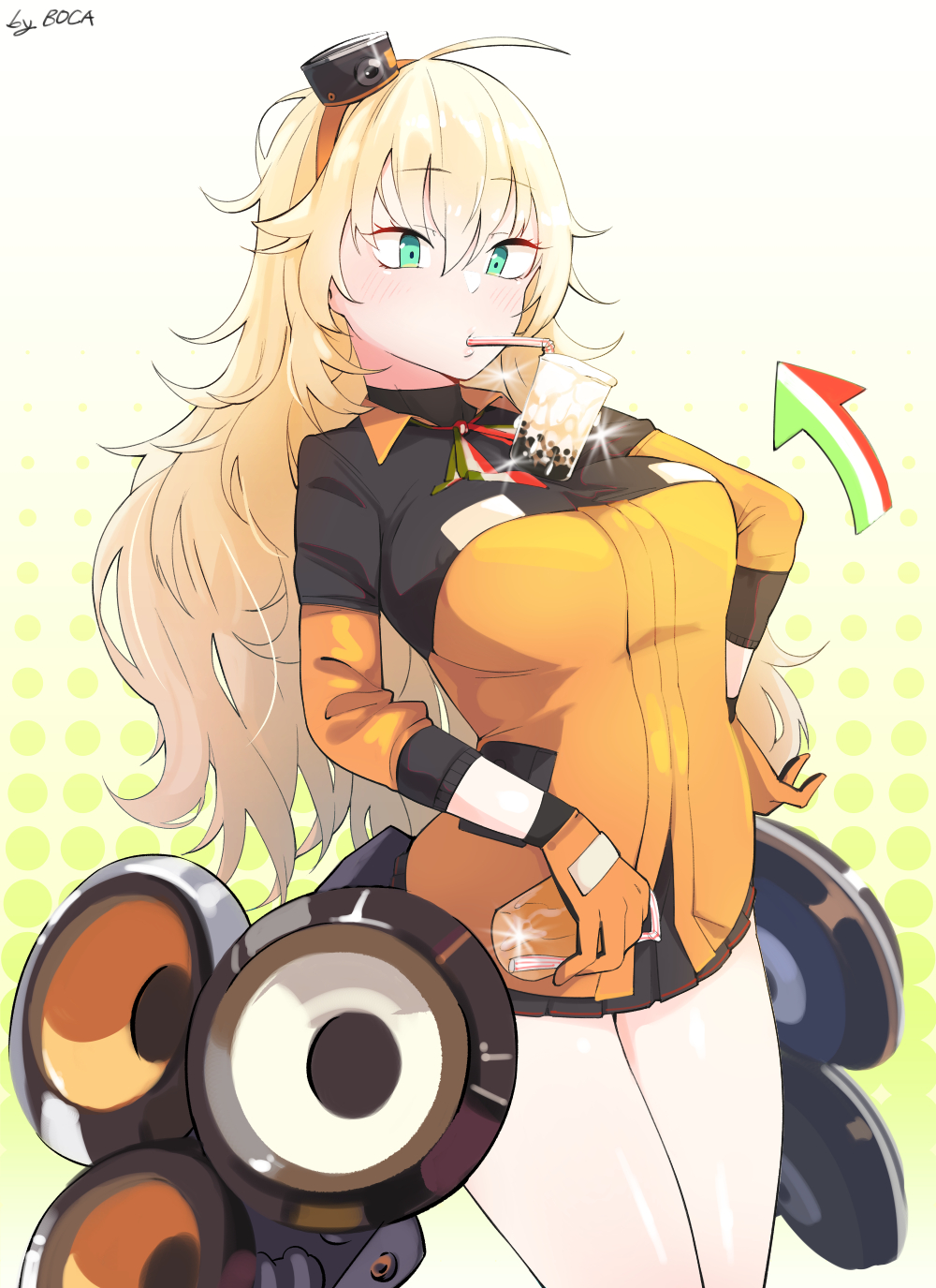 1girl aqua_eyes bangs blonde_hair blush boca breasts bubble_tea_challenge eyebrows_visible_through_hair girls_frontline gloves hairband hand_on_hip highres jacket long_hair pleated_skirt s.a.t.8_(girls_frontline) skirt solo yellow_gloves