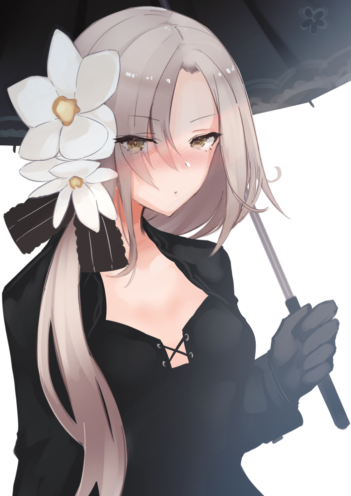 1girl aug_(girls_frontline) bangs black_dress blush breasts closed_mouth dress eyebrows_visible_through_hair eyes_visible_through_hair flower girls_frontline gloves hair_between_eyes hair_flower hair_ornament hair_ribbon holding holding_umbrella long_hair looking_at_viewer low_ponytail mappaninatta mole mole_under_eye orange_eyes parted_bangs ribbon sidelocks simple_background solo umbrella upper_body white_background