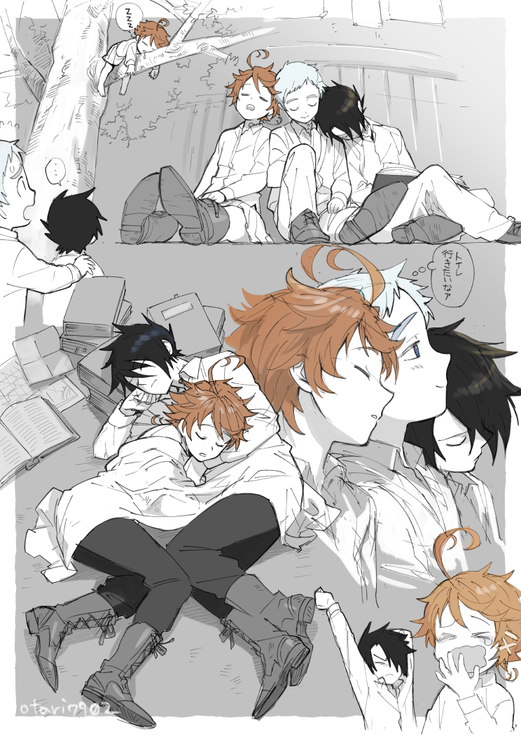 ... 1girl 2boys arm_support arm_up barefoot black_hair blue_hair book_pillow book_stack boots brown_hair clenched_hand closed_eyes covering_mouth drooling emma_(yakusoku_no_neverland) hair_ornament hairclip hand_over_own_mouth head_on_another's_shoulder in_tree indesign leaning_on_person leaning_to_the_side long_sleeves looking_at_another looking_up lying miniskirt multiple_boys norman_(yakusoku_no_neverland) on_side on_stomach open_mouth outside_border profile ray_(yakusoku_no_neverland) shared_blanket shirt shoe_soles shoes side-by-side sitting sketch skirt sleeping sleeping_on_person sleeping_upright spoken_ellipsis spoken_zzz spot_color stretch tears thought_bubble tree x_hair_ornament yakusoku_no_neverland yawning