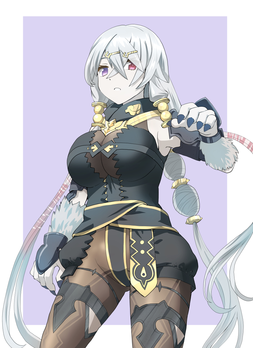1girl arm_guards atelier_(series) atelier_ryza bangs bodysuit breasts brown_bodysuit commentary crossed_bangs eyebrows_visible_through_hair fingernails hair_between_eyes hair_ornament hairclip haniwa_(leaf_garden) heterochromia highres large_breasts lila_decyrus looking_at_viewer low_twintails open_mouth red_eyes silver_hair simple_background solo twintails violet_eyes