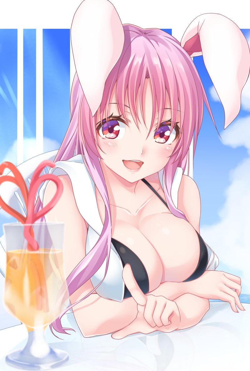 1girl :d animal_ears bangs bikini black_bikini blue_sky blush breasts chair clouds collarbone commentary_request cup day drinking_glass drinking_straw hair_between_eyes hood hooded_jacket index_finger_raised jacket kue large_breasts long_hair looking_at_viewer open_clothes open_jacket open_mouth outdoors purple_hair rabbit_ears red_eyes reflection reisen_udongein_inaba sky sleeveless sleeveless_jacket smile solo swimsuit touhou upper_body white_jacket