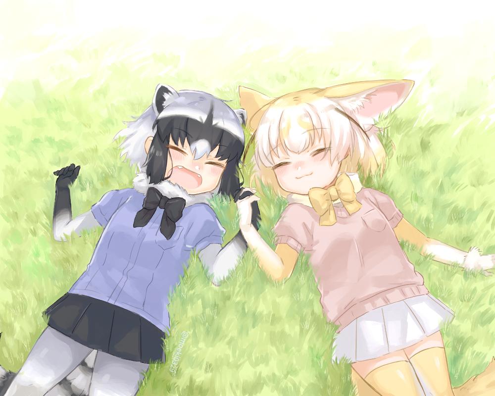 2girls :3 animal_ear_fluff animal_ears black_gloves black_hair black_neckwear black_skirt blonde_hair blue_sweater blush bow bowtie closed_eyes commentary_request common_raccoon_(kemono_friends) elbow_gloves extra_ears eyebrows_visible_through_hair fangs fennec_(kemono_friends) fox_ears fox_girl fox_tail fur_collar fur_trim gloves gradient_gloves grass grey_gloves grey_hair grey_legwear holding_hands kemono_friends lying moeki_(moeki0329) multicolored multicolored_clothes multicolored_gloves multicolored_hair multiple_girls on_back open_mouth pantyhose pink_sweater pleated_skirt puffy_short_sleeves puffy_sleeves raccoon_ears raccoon_girl raccoon_tail short_hair short_sleeves sidelocks skirt smile sweater tail thigh-highs white_gloves white_hair white_skirt yellow_gloves yellow_legwear yellow_neckwear zettai_ryouiki
