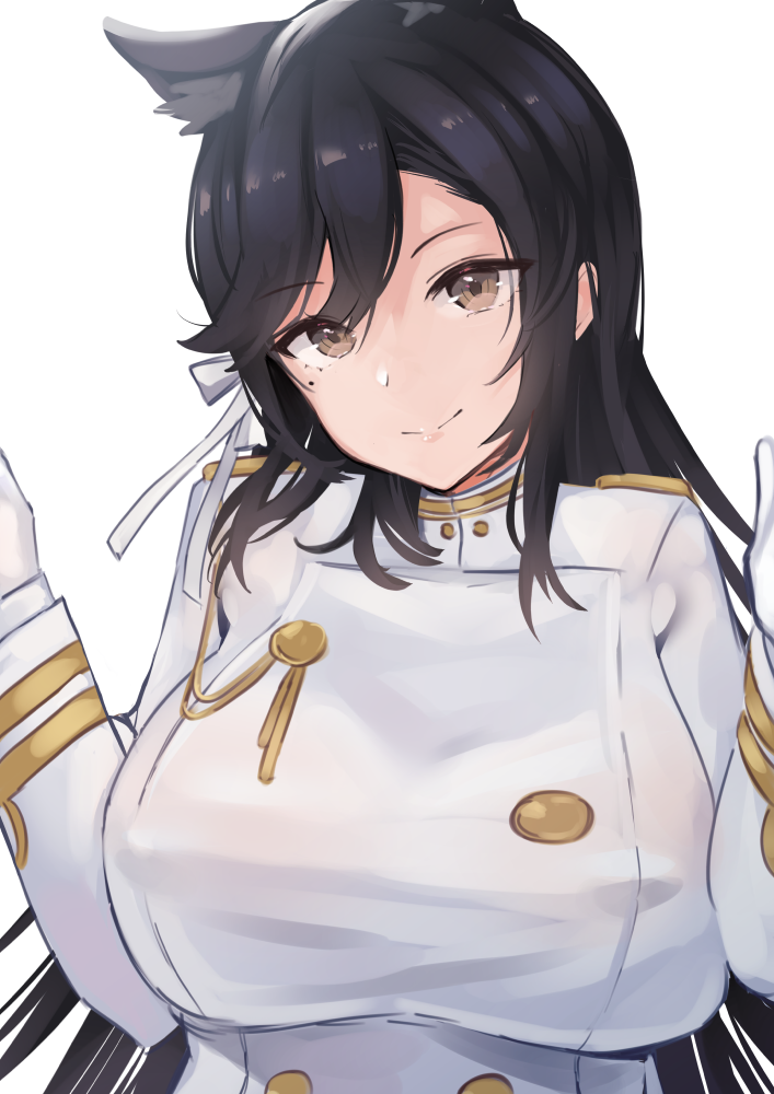 1girl animal_ears atago_(azur_lane) azur_lane bangs black_hair bow breasts brown_eyes closed_mouth extra_ears eyebrows_visible_through_hair hair_ribbon large_breasts long_hair mappaninatta military military_uniform mole mole_under_eye ribbon smile solo swept_bangs uniform white_background white_bow white_ribbon