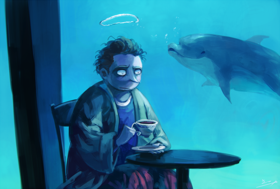 1boy aquarium arthur_dent bags_under_eyes bathrobe brown_hair bubble chair commentary cup dolphin halo koto_inari messy_hair pajamas pointy_nose saucer table teacup the_hitchhiker's_guide_to_the_galaxy