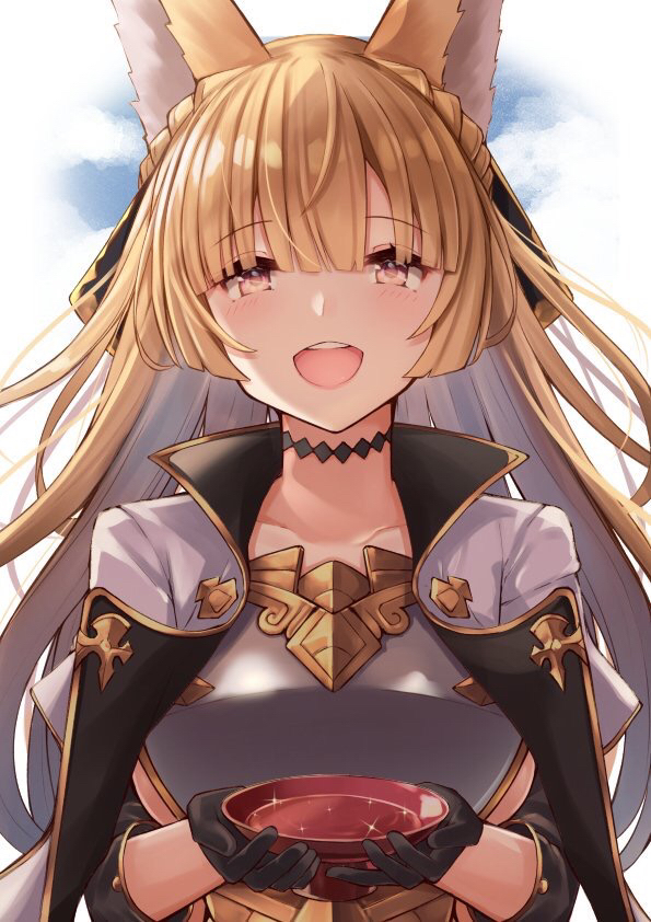 alcohol animal_ears armor bangs black_gloves black_ribbon blonde_hair blush braid breastplate breasts brown_eyes choker cup erune fox_ears french_braid gloves granblue_fantasy hair_ribbon jacket_on_shoulders keima_ron long_hair looking_at_viewer medium_breasts open_mouth ribbon sakazuki sake smile solo white_coat yuisis_(granblue_fantasy)