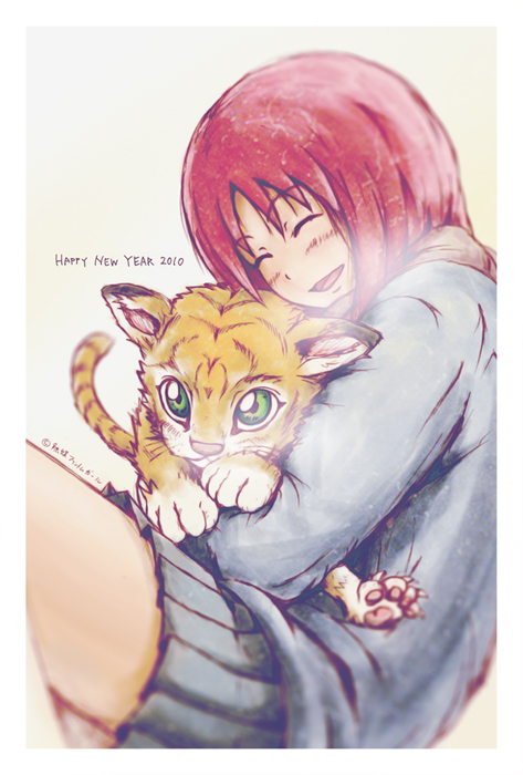 1girl 2010 ^_^ animal animal_hug animal_on_lap beige_background blue_coat blush breath brown_scarf claws closed_eyes coat eyebrows_visible_through_hair from_side graphite_(medium) green_eyes grin happy_new_year holding holding_animal hug new_year original paws pleated_skirt redhead scarf shokubai_phantom_girl short_hair simple_background sitting skirt smile tail tiger tiger_tail tongue traditional_media