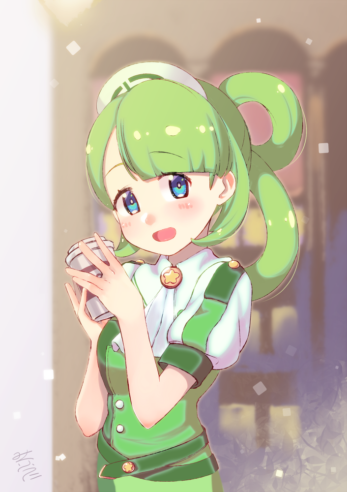 1girl bangs blue_eyes blunt_bangs blush green_hair hair_rings hat holding long_hair looking_at_viewer nurse_cap open_mouth outdoors parted_bangs pokemon pokemon_masters sakusa_(pokemon) short_sleeves smile solo standing unier upper_body