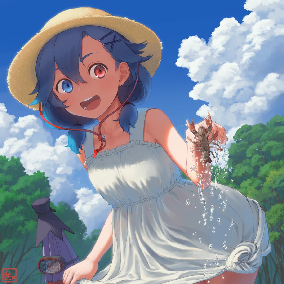1girl :d alternate_costume alternate_hairstyle bangs bare_arms bare_shoulders blue_eyes blue_hair blue_sky blush closed_umbrella clouds commentary_request cowboy_shot crayfish day dress forest frills goggles hair_between_eyes hair_ornament hairclip hat heterochromia highres holding kitano_(kitanosnowwhite) leaning_forward looking_at_viewer low_twintails nature open_mouth outdoors purple_umbrella red_eyes short_hair sky sleeveless sleeveless_dress smile solo standing sun_hat tatara_kogasa tied_dress touhou tree twintails umbrella water_drop white_dress