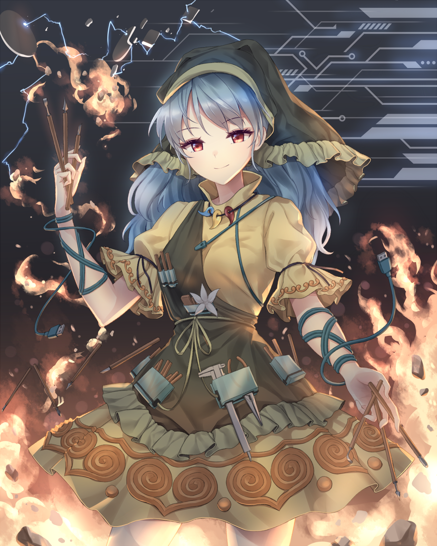 1girl apron bangs blue_hair cable chisel commentary cowboy_shot dress eyebrows_visible_through_hair fire flame flower frills grey_background hand_up haniyasushin_keiki head_scarf holding jewelry long_hair looking_at_viewer magatama magatama_necklace minust necklace red_eyes smile solo touhou usb white_flower yellow_apron yellow_dress
