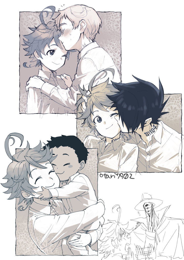 1girl 4boys afterimage blush cheek_kiss child child_carry dark_skin dark_skinned_male emma_(yakusoku_no_neverland) forehead_kiss hand_in_hair hand_on_another's_head hands_on_another's_shoulders hetero indesign kiss long_sleeves multiple_boys neck_tattoo norman_(yakusoku_no_neverland) one_eye_closed outside_border phil_(yakusoku_no_neverland) profile ray_(yakusoku_no_neverland) rejection short_hair sketch smile sweat sweating_profusely tattoo yakusoku_no_neverland