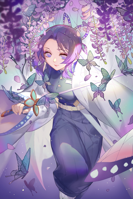 1girl black_hair bug butterfly butterfly_on_hair flower haori holding holding_sword holding_weapon insect japanese_clothes kimetsu_no_yaiba kochou_shinobu lips looking_at_viewer petals smile solo songjikyo sword violet_eyes weapon wisteria