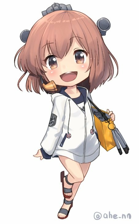 1girl ahenn bag bangs blush brown_eyes brown_hair chibi commentary_request eyebrows_visible_through_hair full_body headgear jacket kantai_collection long_sleeves looking_at_viewer name_tag open_mouth sandals short_hair shoulder_bag simple_background smile solo speaking_tube_headset swimsuit torpedo twitter_username white_background yukikaze_(kantai_collection)