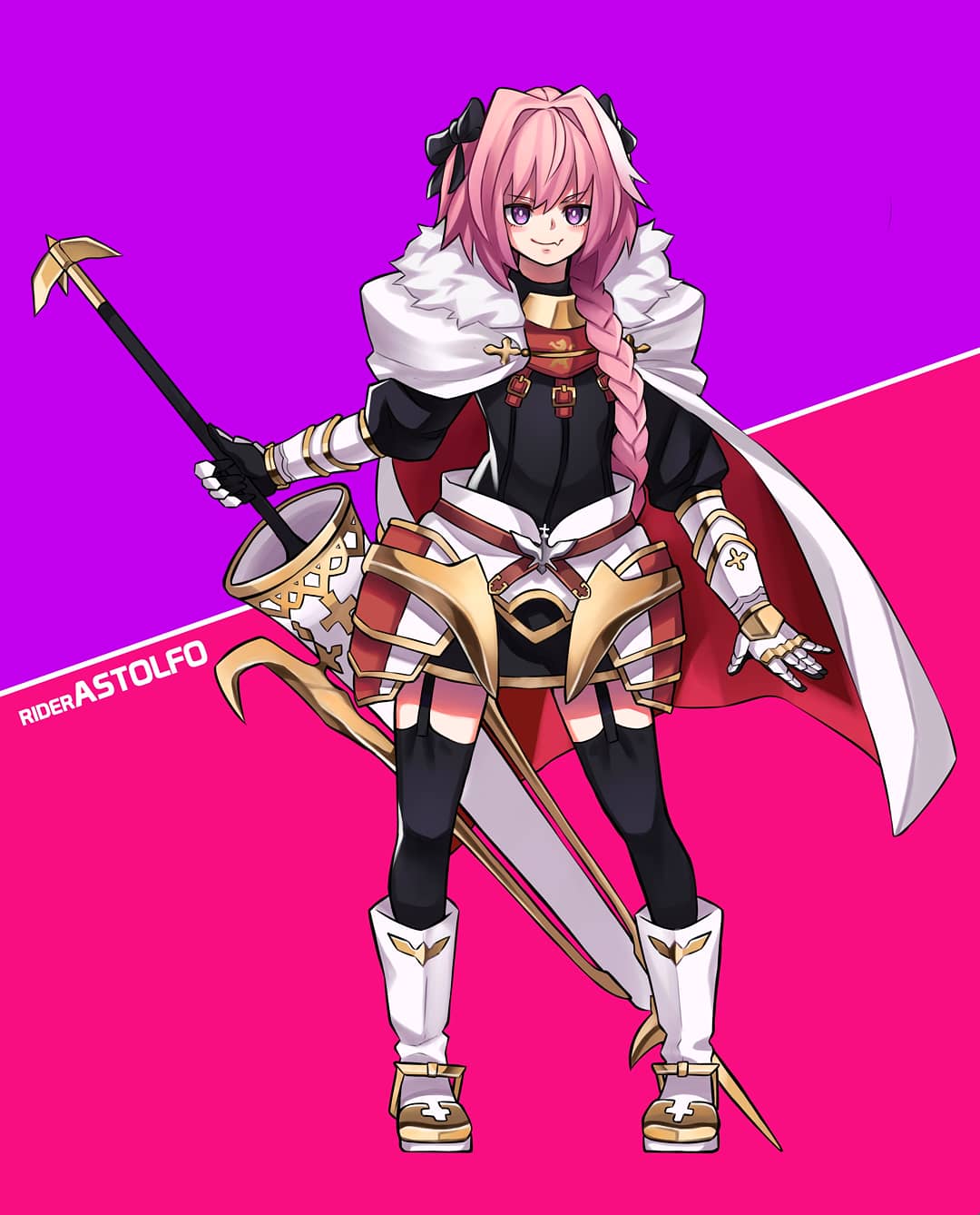 1boy apicium astolfo_(fate) bangs black_bow black_legwear black_skirt bow braid cloak commentary eyebrows_visible_through_hair fang fate/grand_order fate_(series) fur-trimmed_cloak fur_collar fur_trim hair_bow hair_intakes hair_ribbon highres long_hair looking_at_viewer male_focus multicolored_hair otoko_no_ko pink_hair ribbon single_braid skirt smile solo streaked_hair thigh-highs violet_eyes white_cloak white_footwear white_hair