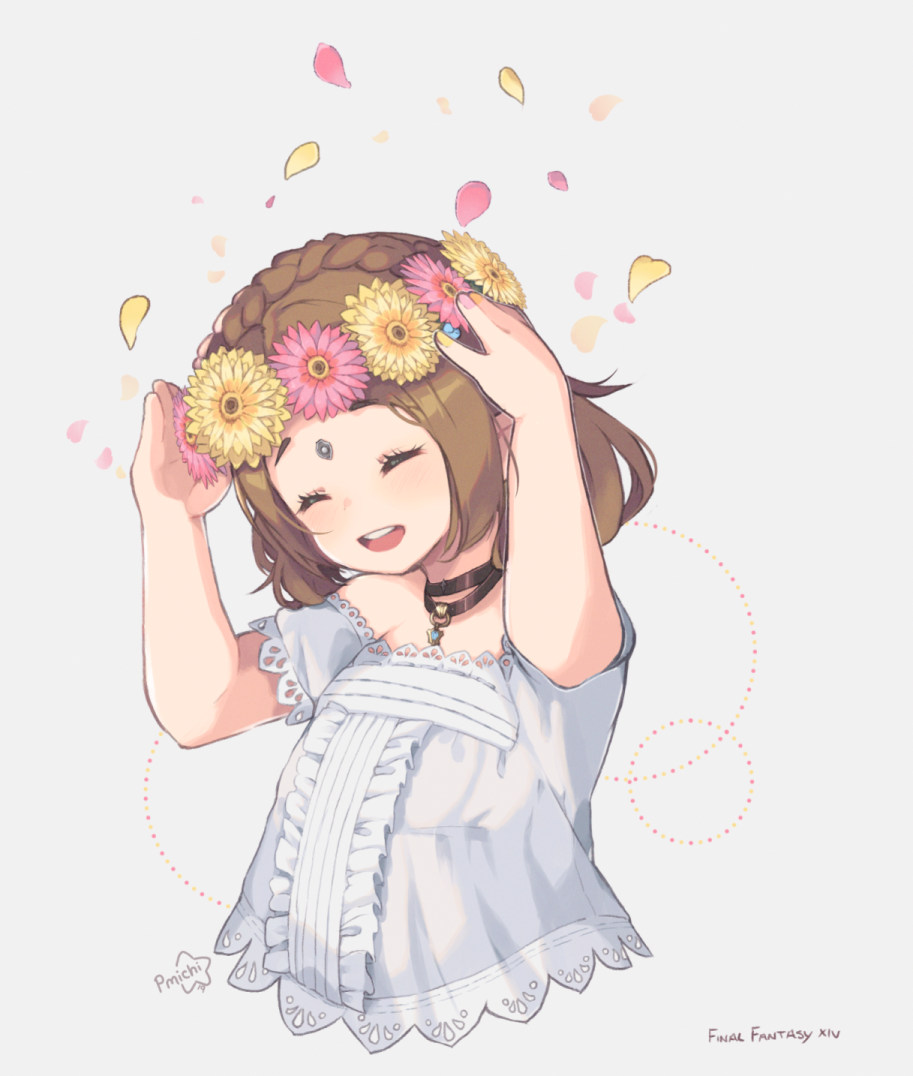 1girl bare_shoulders brown_hair choker closed_eyes copyright_name cropped_torso final_fantasy final_fantasy_xiv forehead_jewel head_wreath lalafell open_mouth peachy_michi petals shirt short_hair signature simple_background solo white_shirt