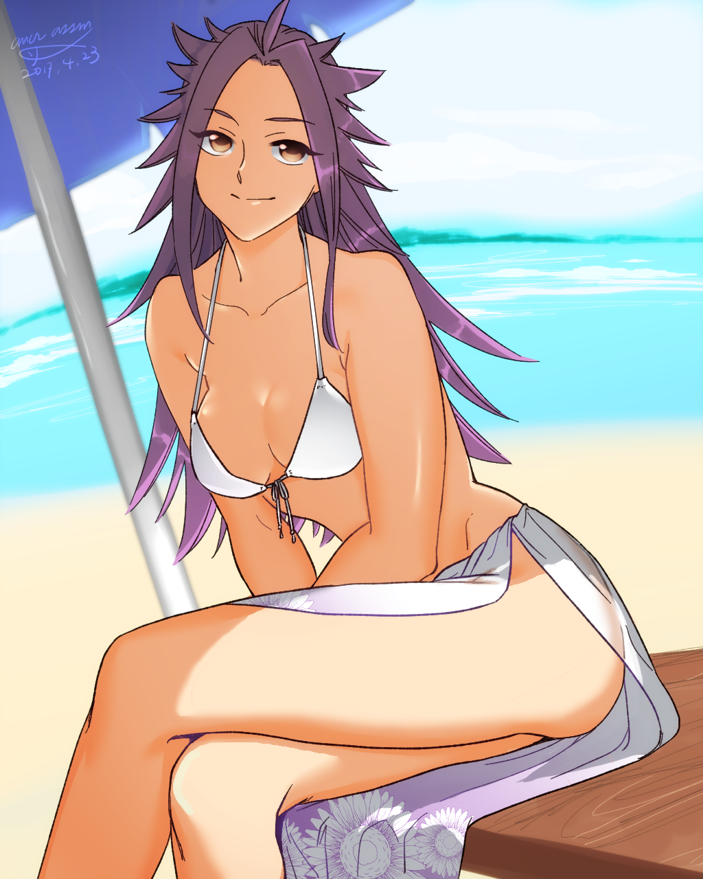 1girl alternate_costume ass bare_shoulders beach bikini brown_eyes crossed_legs dated highres jun'you_(kantai_collection) kantai_collection long_hair looking_at_viewer parasol purple_hair shishanmo signature sitting smile solo spiky_hair swimsuit umbrella white_bikini