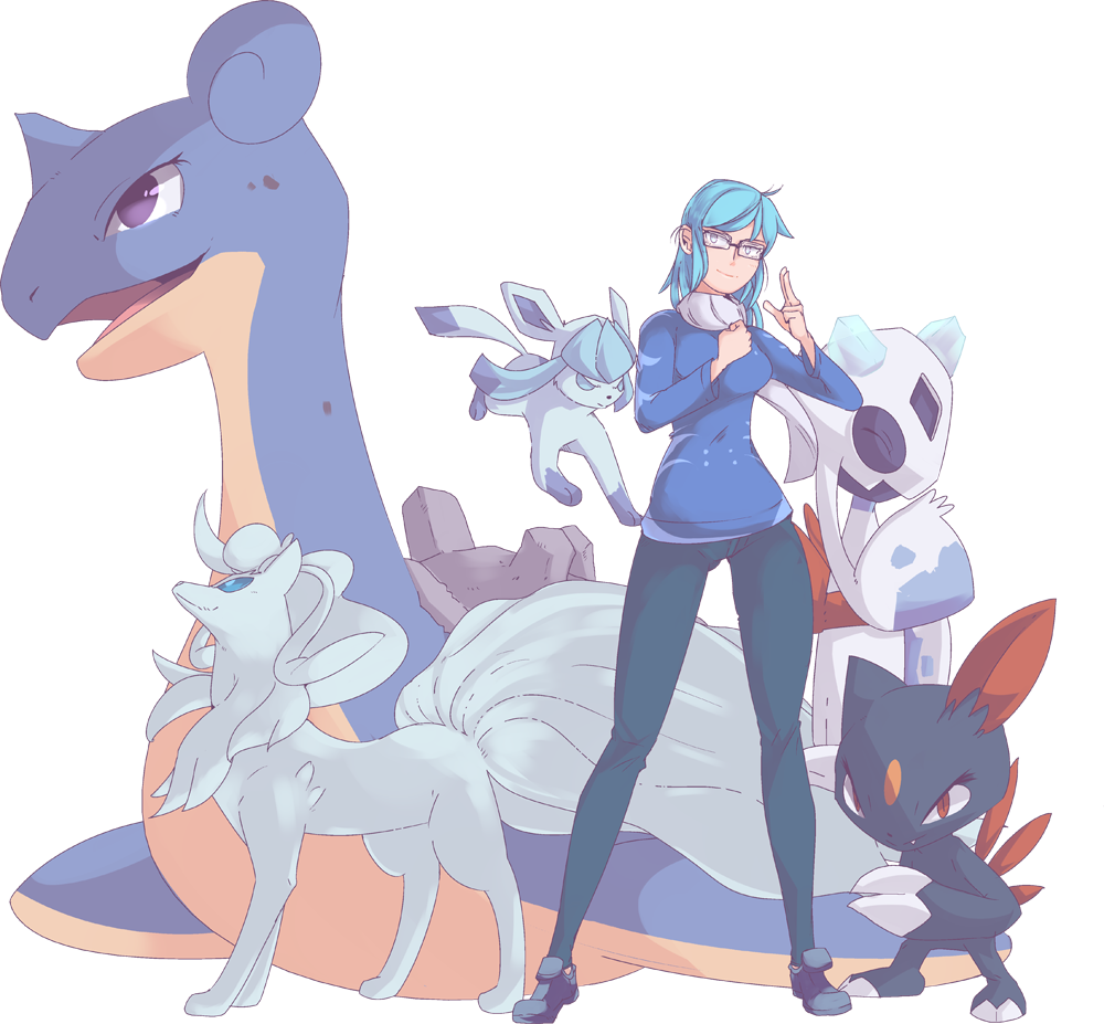 1girl alolan_ninetales autobottesla blue_eyes blue_shirt breasts clenched_hand closed_eyes commission english_commentary froslass gen_1_pokemon gen_2_pokemon gen_4_pokemon glaceon glasses grey_eyes lapras medium_breasts medium_hair pants pokemon pokemon_(creature) red_eyes scarf shirt shoes simple_background sneasel solo standing transparent_background