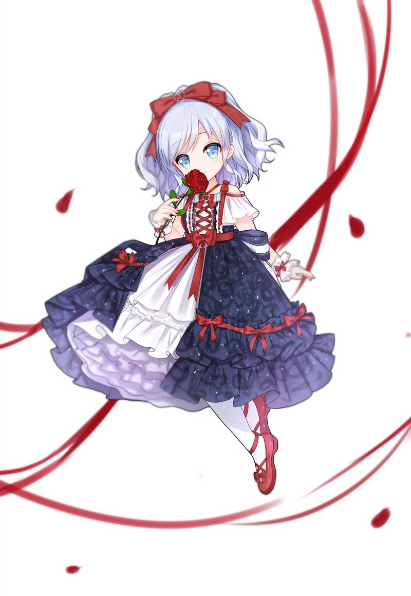1girl bare_shoulders blue_dress blue_eyes blue_hair blush bow character_request closed_mouth commentary_request dress flower full_body hair_bow holding holding_flower looking_at_viewer off-shoulder_dress off_shoulder pantyhose petals red_bow red_flower red_footwear red_ribbon red_rose ribbon rose shoes short_sleeves simple_background smile solo tengxiang_lingnai warship_girls_r white_background white_legwear wrist_cuffs