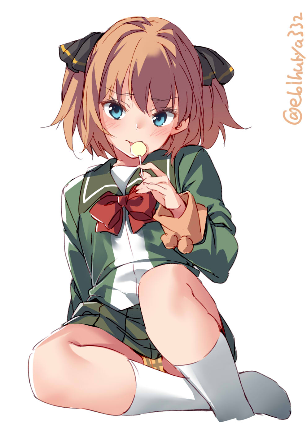 1girl black_footwear black_ribbon blue_eyes brown_hair candy ebifurya food full_body green_jacket green_sailor_collar green_skirt hachijou_(kantai_collection) hair_ribbon highres holding_lollipop jacket kantai_collection lollipop long_sleeves neck_ribbon panties pantyshot pantyshot_(sitting) plaid plaid_panties pleated_skirt pom_pom_(clothes) red_ribbon ribbon sailor_collar short_hair sitting skirt solo twitter_username underwear