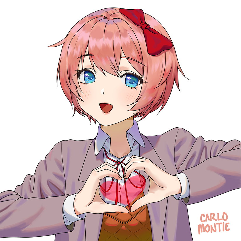 1girl :d artist_name blue_eyes blush bow carlo_montie doki_doki_literature_club grey_jacket hair_bow heart heart_hands jacket looking_at_viewer open_mouth pink_hair red_bow red_ribbon redhead ribbon sayori_(doki_doki_literature_club) school_uniform short_hair simple_background smile solo white_background