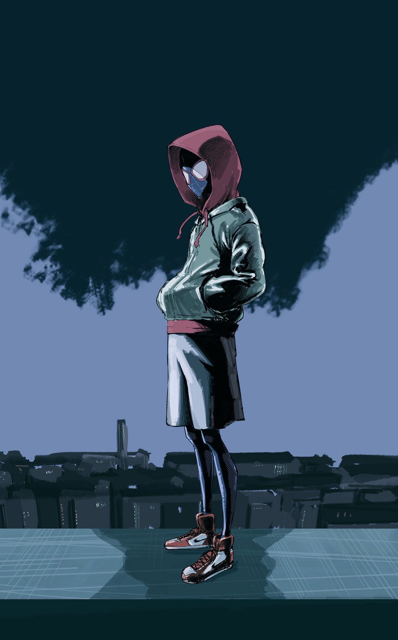 1boy air_jordan air_jordan_1 bodysuit commentary_request highres hood hoodie jacket kotoyama mask miles_morales nike shoes silk sneakers solo spider-man:_into_the_spider-verse spider-man_(series) spider_web spider_web_print superhero