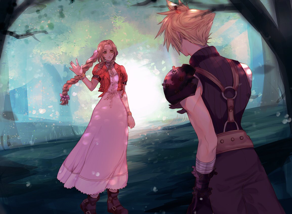 1boy 1girl aerith_gainsborough bandaged_arm bandages black_gloves blonde_hair bow bracelet braid brown_footwear brown_hair closed_mouth cloud_strife cropped_jacket dress english_commentary final_fantasy final_fantasy_vii forest gloves green_eyes jewelry leaf long_braid long_dress long_hair looking_at_another nature necklace pink_bow pink_dress sera_(serappi) shirt short_hair shoulder_armor sleeveless sleeveless_shirt smile spiky_hair standing suspenders tree tri_drills waving