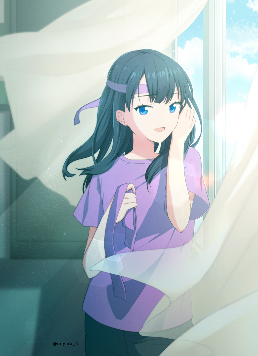 1girl adjusting_hair bangs black_hair blue_eyes blue_sky blurry bokeh clouds cloudy_sky commentary_request cowboy_shot curtains depth_of_field eyebrows_visible_through_hair floating_hair hair_tucking hand_in_hair headband holding indoors light_particles light_rays long_hair looking_at_viewer nnyara open_mouth purple_shirt shiny shiny_hair shirt sky smile solo ssss.gridman standing straight_hair sunlight t-shirt takarada_rikka transparent twitter_username wind wind_lift window