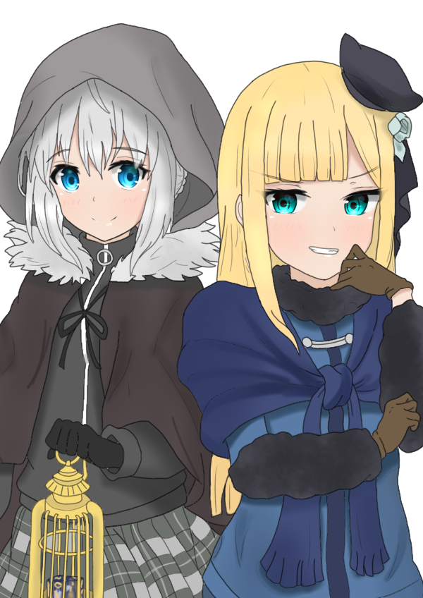 2girls add_(lord_el-melloi_ii) aqua_eyes atsumisu bangs beret birdcage black_gloves black_headwear black_ribbon blonde_hair blue_dress blue_eyes brown_cape brown_gloves cage cape closed_mouth commentary_request dress eyebrows_visible_through_hair fate_(series) flower fur-trimmed_cape fur-trimmed_sleeves fur_trim gloves gray_(lord_el-melloi_ii) grey_flower grey_hair grey_shirt grey_skirt grin hair_between_eyes hair_flower hair_ornament hat holding hood hood_up long_hair lord_el-melloi_ii_case_files mini_hat multiple_girls plaid plaid_skirt pleated_skirt reines_el-melloi_archisorte ribbon shirt simple_background skirt smile tilted_headwear v-shaped_eyebrows white_background