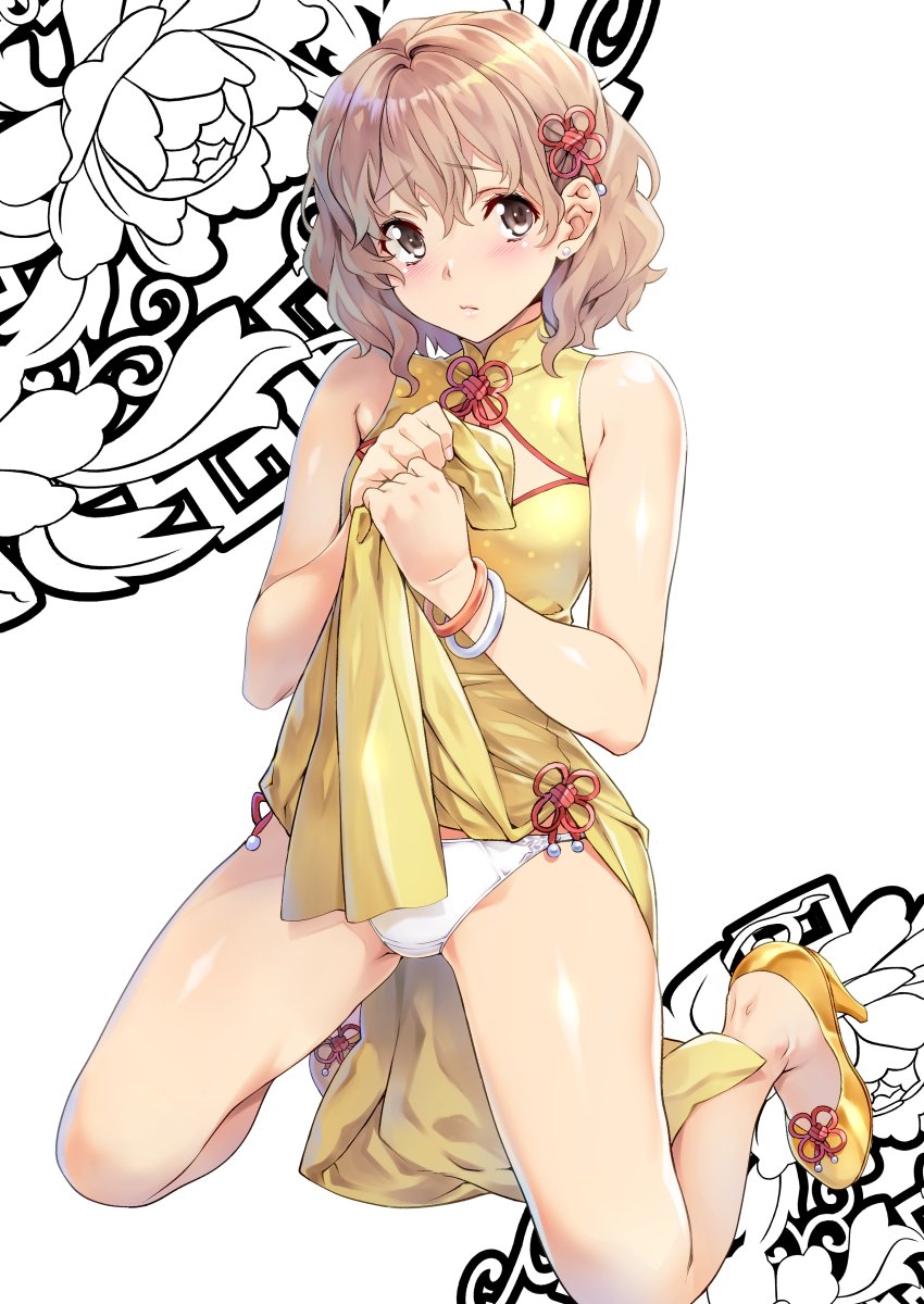 1girl bare_arms bare_shoulders china_dress chinese_clothes closed_mouth commentary_request dress earrings eyebrows_visible_through_hair full_body hair_between_eyes hair_ornament hanasaku_iroha high_heels highres jewelry kneeling lifted_by_self light_brown_eyes light_brown_hair looking_at_viewer matsumae_ohana nagayori panties short_hair side_slit sleeveless sleeveless_dress solo thighs underwear white_panties yellow_dress