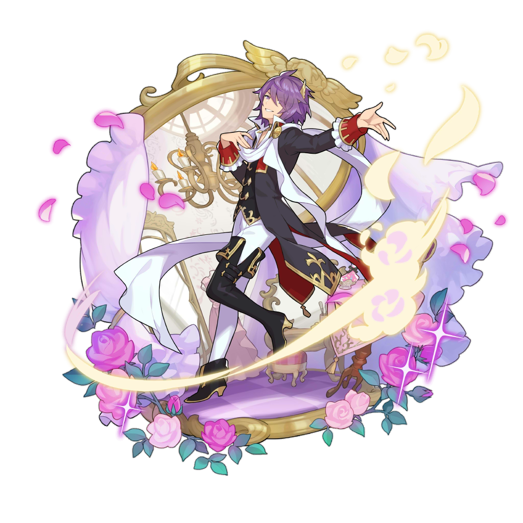 1boy asymmetrical_legwear boots chair clothing_request dancing dragalia_lost flower full_body hair_ornament hair_over_one_eye looking_at_viewer non-web_source official_art parted_lips petals purple_hair saitou_naoki short_hair smile smug thigh-highs thigh_boots transparent_background yellow_eyes zardin_(dragalia_lost)