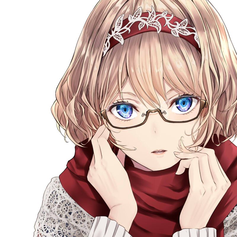 1girl alice_margatroid alternate_costume bangs bespectacled blonde_hair blue_eyes brown-framed_eyewear casual close-up commentary_request contemporary eyelashes face fingernails glasses hair_between_eyes hands_up lips long_sleeves looking_at_viewer nabeshima_tetsuhiro parted_lips portrait red_scarf scarf short_hair simple_background solo touhou white_background