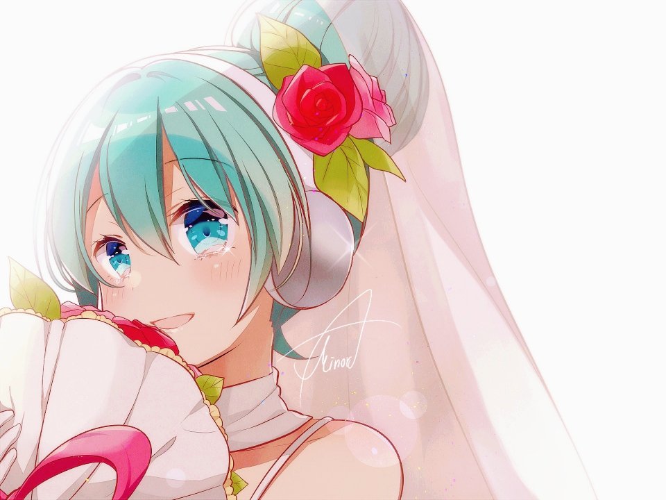 1girl aqua_eyes aqua_hair asagao_minoru bare_shoulders bouquet bridal_veil bride collar collarbone commentary english_commentary flower gloves hair_bun hair_flower hair_ornament happy_tears hatsune_miku headphones holding holding_bouquet lens_flare light_blush looking_at_viewer parted_lips portrait rose short_hair signature smile solo spaghetti_strap tears veil vocaloid white_background white_collar white_gloves