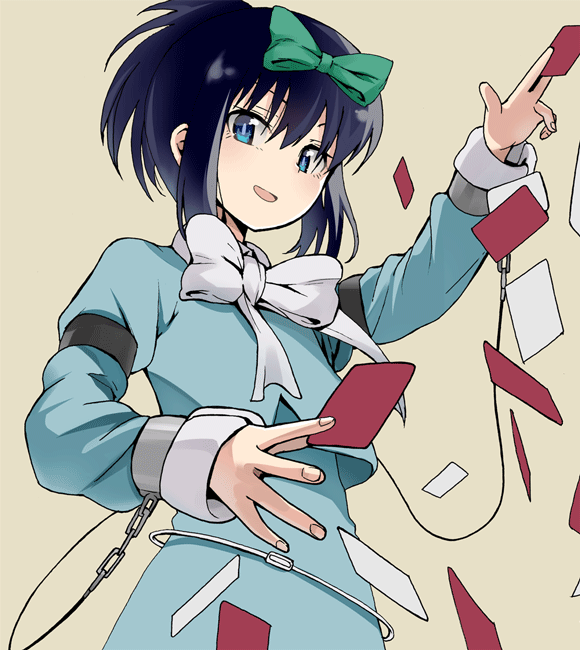 1girl aokaze_(mimi_no_uchi) bangs black_hair blue_dress blue_eyes bow brown_background card commentary_request cuffs dress green_bow hair_bow holding holding_card kunihiro_hajime long_sleeves looking_at_viewer open_mouth saki short_ponytail simple_background smile solo standing white_neckwear