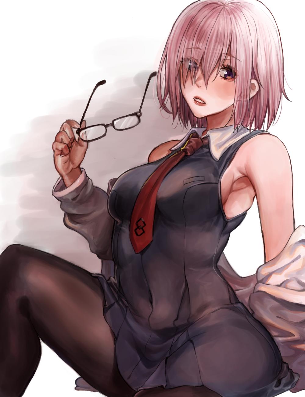 1girl amakaze armpits bare_shoulders black_dress black_legwear breasts clothes_down collared_dress dress eyewear_removed fate/grand_order fate_(series) glasses hair_over_one_eye highres holding holding_eyewear jacket knee_up lavender_hair looking_at_viewer mash_kyrielight medium_breasts necktie pantyhose parted_lips pink_hair red_neckwear short_hair solo violet_eyes