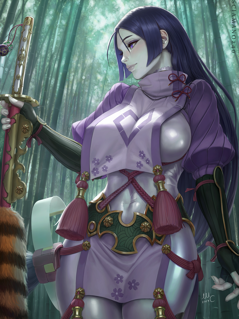 1girl arm_guards bamboo bamboo_forest bangs bodysuit breasts commentary curvy fate/grand_order fate_(series) fingerless_gloves floral_print forest gloves highres large_breasts long_hair looking_to_the_side low-tied_long_hair minamoto_no_raikou_(fate/grand_order) nature parted_bangs purple_bodysuit purple_hair scabbard sciamano240 sheath solo standing sunlight very_long_hair violet_eyes