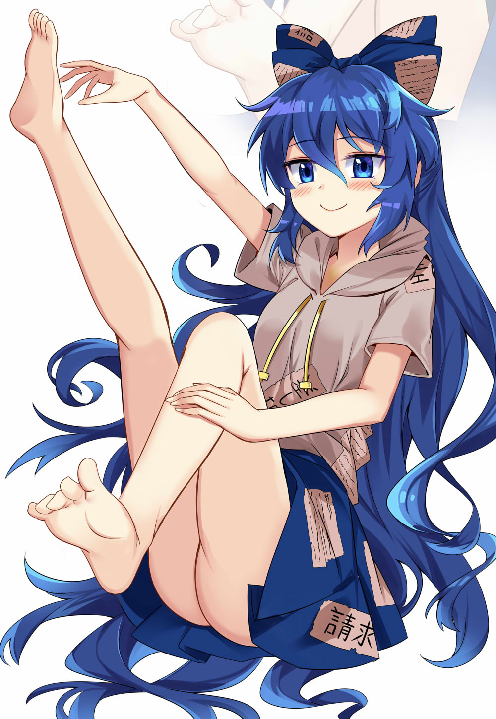 1girl arm_up ass bad_anatomy bangs bare_legs barefoot blue_bow blue_eyes blue_hair blue_skirt blush bow commentary_request debt drawstring e.o. error eyebrows_visible_through_hair full_body grey_hoodie hair_between_eyes hair_bow highres hood hoodie knee_up leg_up long_hair looking_at_viewer miniskirt no_panties partial_commentary short_sleeves sidelocks simple_background sitting skirt smile solo thighs touhou very_long_hair white_background wrong_feet yorigami_shion zoom_layer