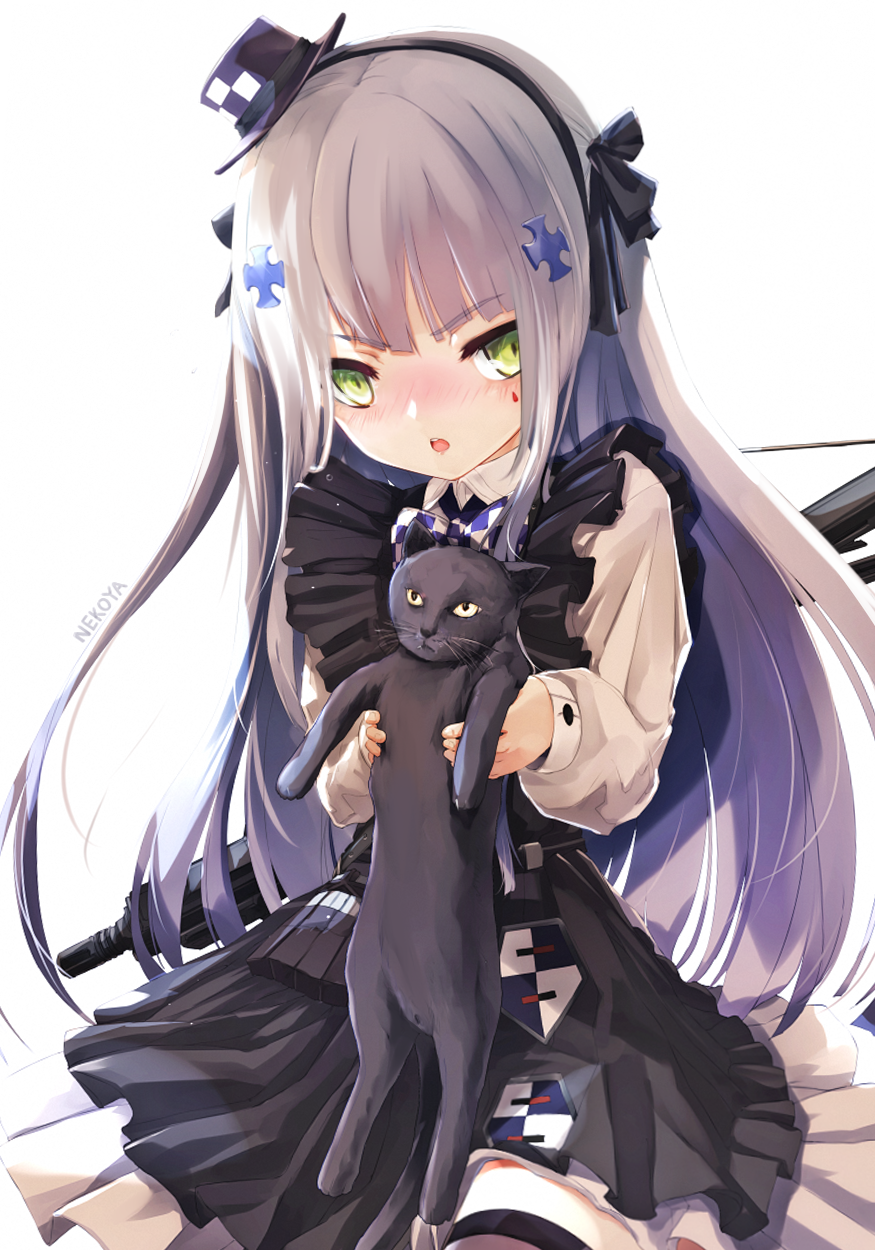 1girl animal assault_rifle black_bow black_cat black_dress black_hairband blush bow brown_legwear cat collared_shirt commentary_request dress dyolf facial_mark girls_frontline green_eyes gun h&amp;k_hk416 hair_bow hair_ornament hairband hat heckler_&amp;_koch highres hk416_(girls_frontline) holding holding_animal long_hair long_sleeves mini_hat nose_blush object_namesake parted_lips purple_headwear revision rifle shirt signature simple_background sleeveless sleeveless_dress solo thigh-highs tilted_headwear upper_teeth very_long_hair weapon weapon_on_back white_background white_shirt