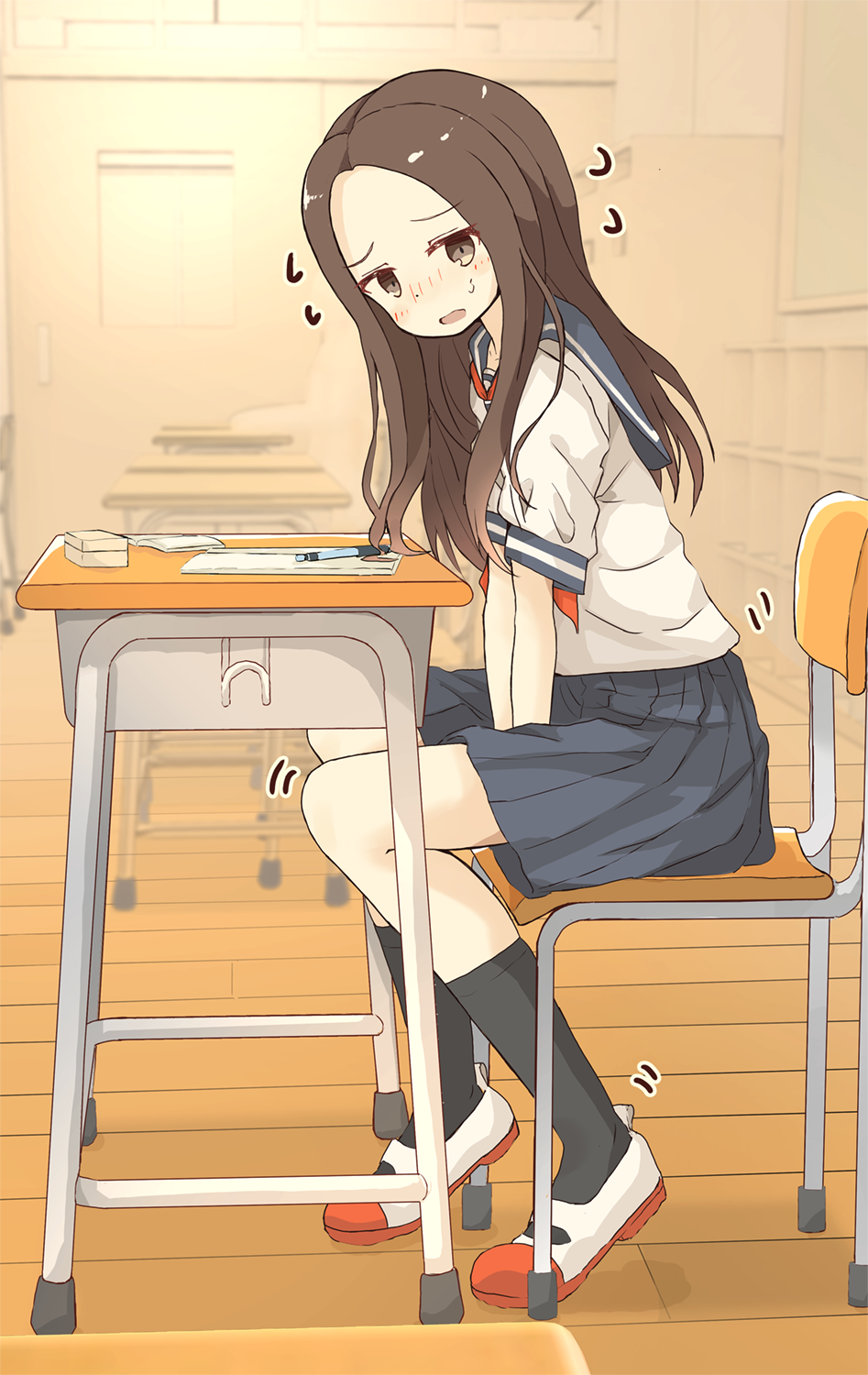 1girl between_legs black_legwear blue_sailor_collar blue_skirt blush book brown_eyes brown_hair chair classroom collarbone commentary_request desk door embarrassed flat_chest flying_sweatdrops forehead full_body half-closed_eyes hand_between_legs hands_together have_to_pee highres indoors karakai_jouzu_no_takagi-san kneehighs long_hair looking_at_viewer miniskirt minoco neckerchief nose_blush open_book open_mouth pencil pleated_skirt red_footwear red_neckwear sailor_collar school_desk school_uniform serafuku shiny shiny_hair shirt shoes short_sleeves sitting skirt solo sweat takagi-san trembling white_shirt