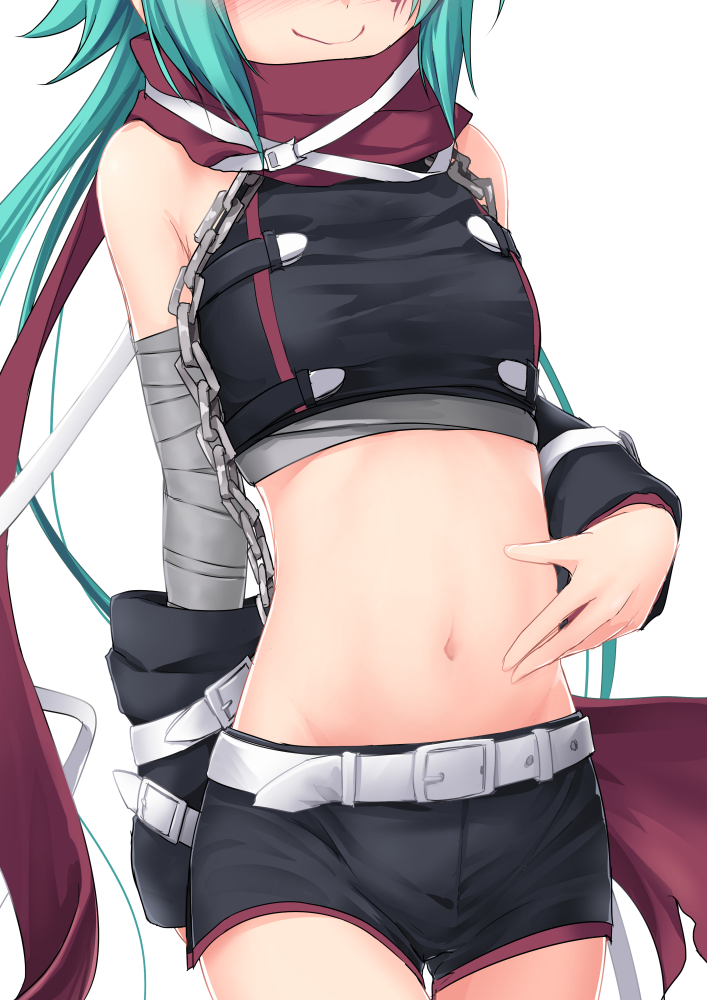 1girl arm_warmers bandaged_arm bandages bare_shoulders belt belt_buckle black_shorts blush breasts buckle chain closed_mouth cowboy_shot crop_top green_hair hand_on_own_stomach head_out_of_frame long_hair navel princess_connect! princess_connect!_re:dive purple_scarf scarf short_shorts shorts simple_background small_breasts smile solo stomach thigh_gap umarutsufuri white_background