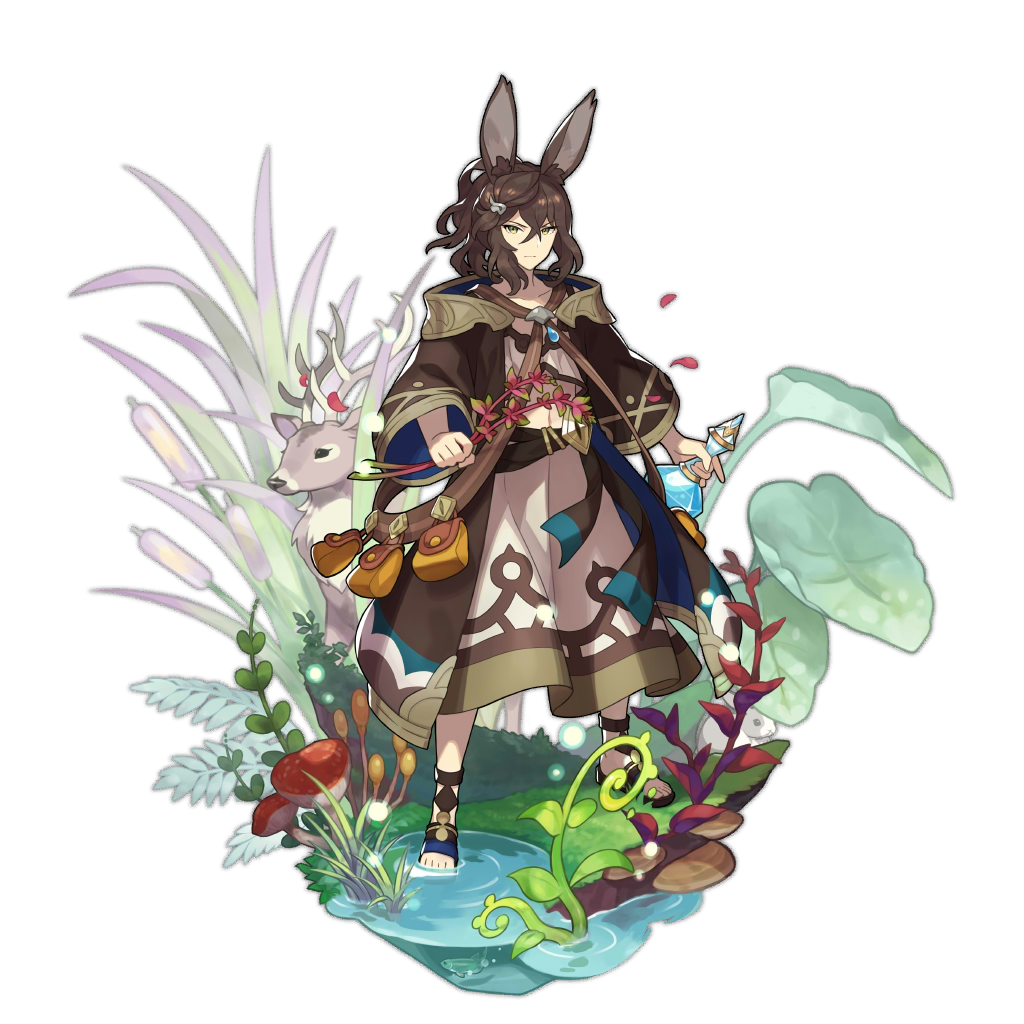 1boy animal_ears bag clothing_request deer dragalia_lost full_body leaf looking_at_viewer mushroom non-web_source official_art plant potion rabbit_ears ripples saitou_naoki serious solo sylas_(dragalia_lost) water