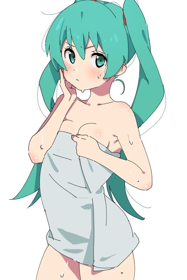 1girl breasts cowboy_shot green_eyes green_hair hatsune_miku long_hair naked_towel simple_background small_breasts solo standing towel tshangen131 twintails vocaloid wet white_background