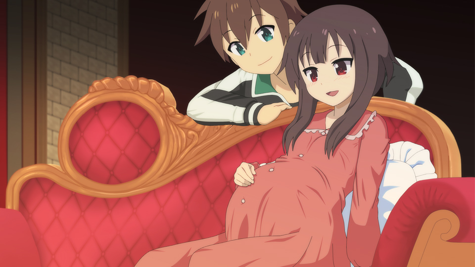 1boy 1girl :d akadama bangs black_hair blush brown_hair couch eyebrows_visible_through_hair green_eyes hair_between_eyes hand_on_own_stomach kono_subarashii_sekai_ni_shukufuku_wo! megumin on_couch open_mouth pregnant red_eyes satou_kazuma smile