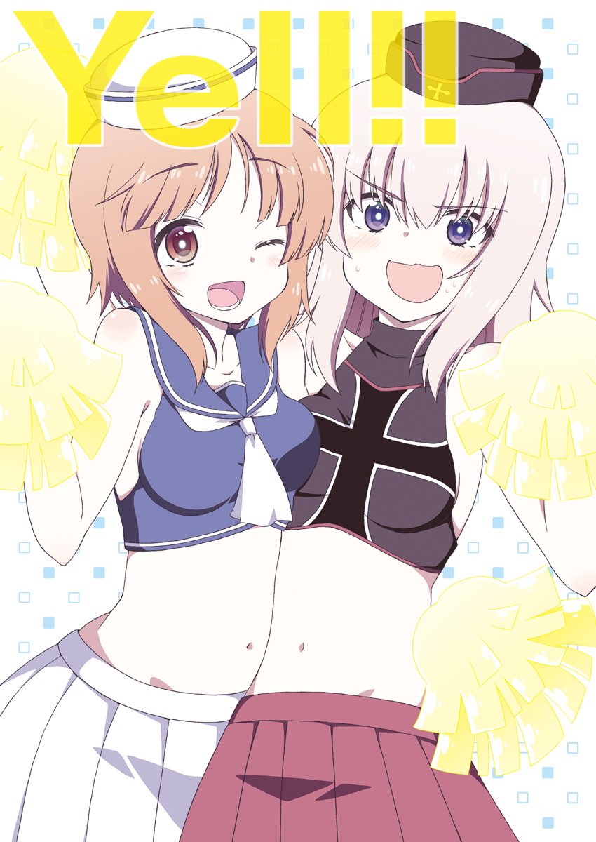 2girls :d ;d alternate_costume arafuji bangs black_shirt blue_eyes blue_shirt blush breasts brown_eyes brown_hair cheerleader commentary_request cover cover_page crop_top dixie_cup_hat doujin_cover english_text eyebrows_visible_through_hair girls_und_panzer halterneck hat highres holding_pom_poms hug iron_cross itsumi_erika looking_at_viewer medium_breasts medium_hair midriff military_hat miniskirt multiple_girls navel neckerchief nishizumi_miho one_eye_closed open_mouth pleated_skirt pom_poms red_skirt sailor_collar shirt short_hair side-by-side silver_hair skirt sleeveless sleeveless_shirt smile standing sweatdrop wavy_mouth white_headwear white_neckwear white_skirt