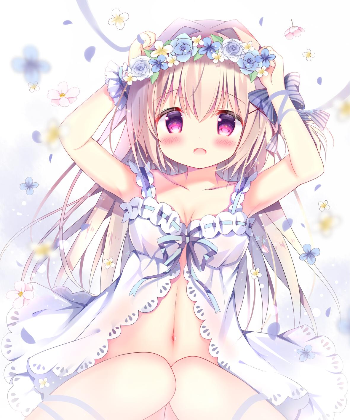 1girl :d armpits arms_up azumi_kazuki bangs bare_shoulders blue_bow blue_flower blue_rose blush bow breasts brown_hair collarbone commentary_request dress eyebrows_visible_through_hair flower flower_wreath hair_between_eyes hair_bow hair_intakes head_wreath highres knees_together_feet_apart knees_up long_hair looking_at_viewer medium_breasts navel open_mouth original pink_flower rose sitting smile solo striped striped_bow very_long_hair violet_eyes white_dress white_flower wrist_cuffs